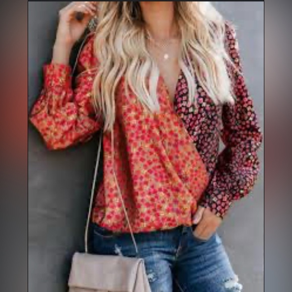 Honey Punch Tops - Honey Punch Red and Black Floral Blouse